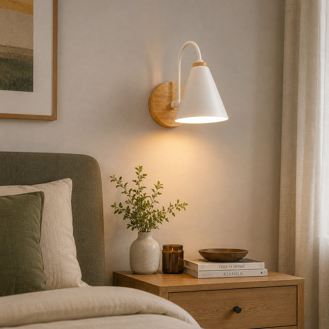 Nordic Wall Light Wall Mounted Iron Shade with Wooden Backplate Dimmable for Indoor Use