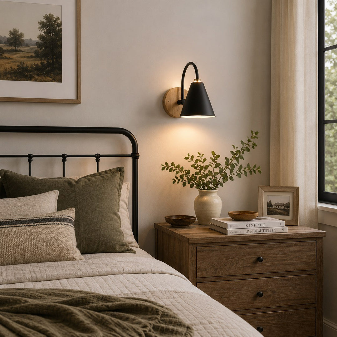 Nordic Wall Light Wall Mounted Iron Shade with Wooden Backplate Dimmable for Indoor Use