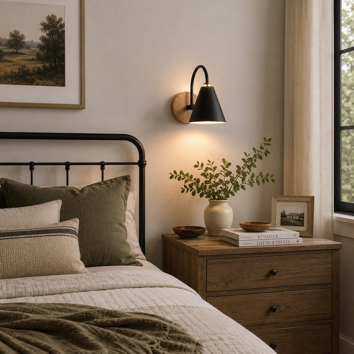 Nordic Wall Light Wall Mounted Iron Shade with Wooden Backplate Dimmable for Indoor Use