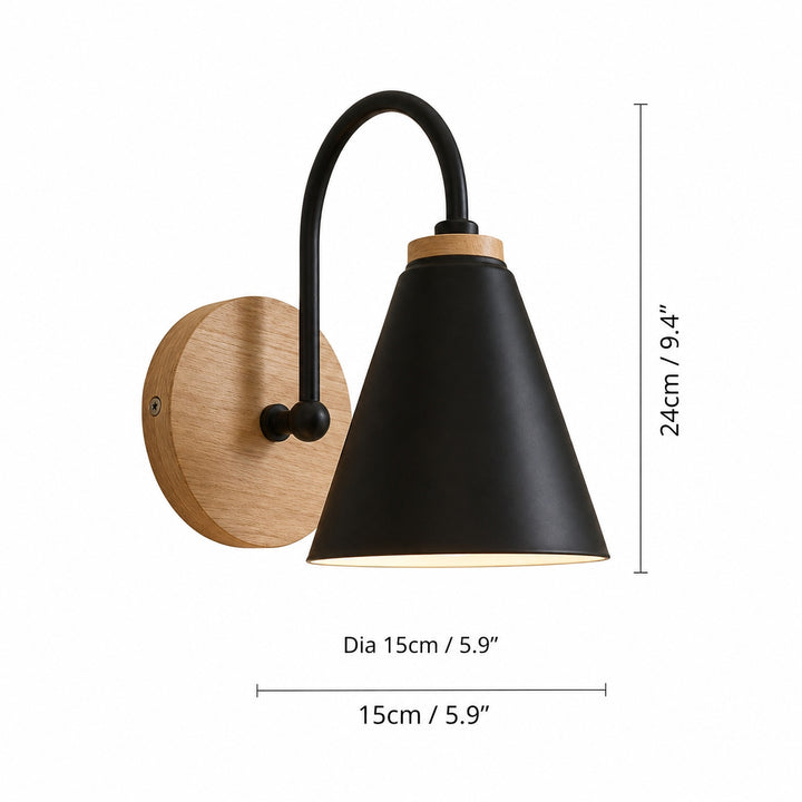 Nordic Wall Light Wall Mounted Iron Shade with Wooden Backplate Dimmable for Indoor Use