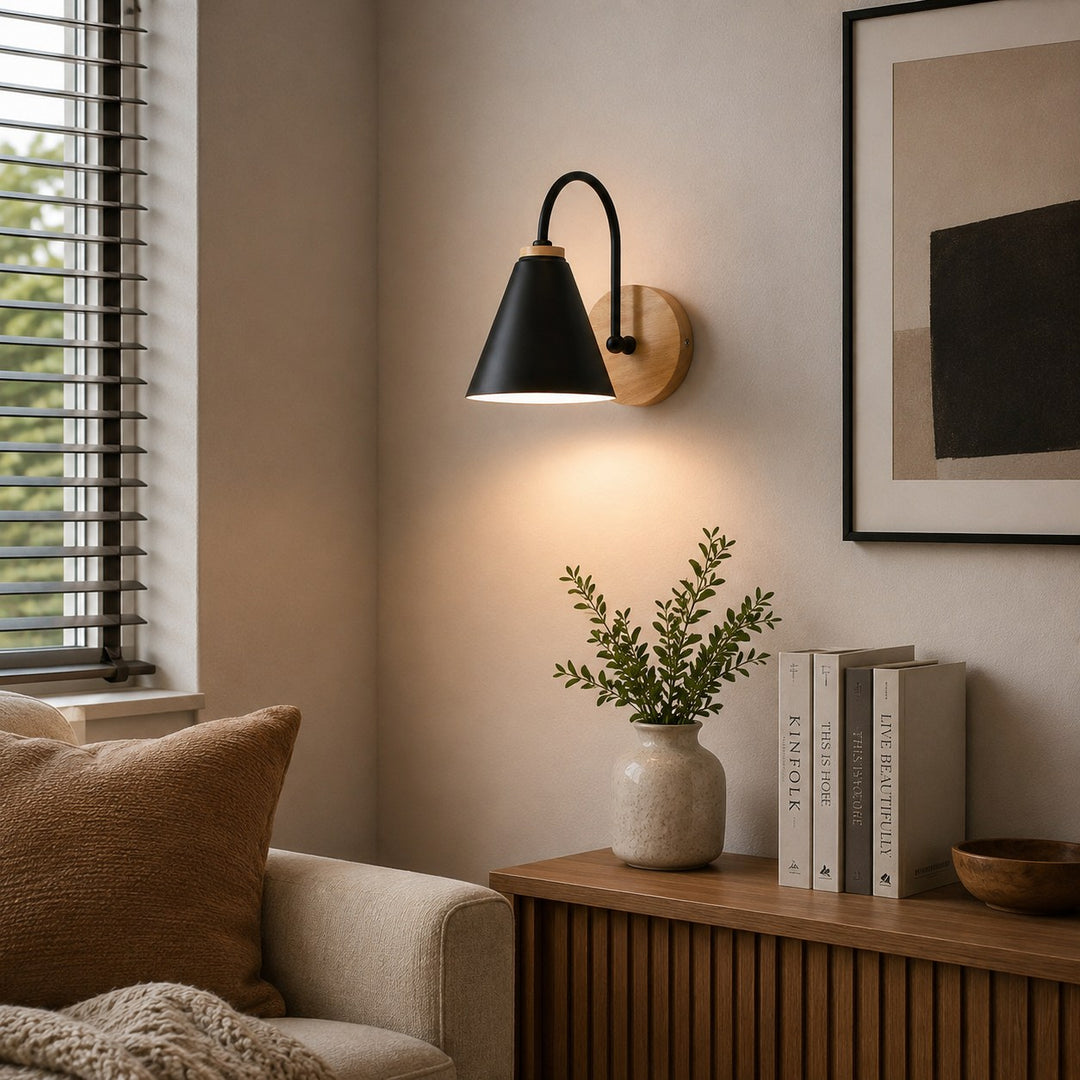 Nordic Wall Light Wall Mounted Iron Shade with Wooden Backplate Dimmable for Indoor Use
