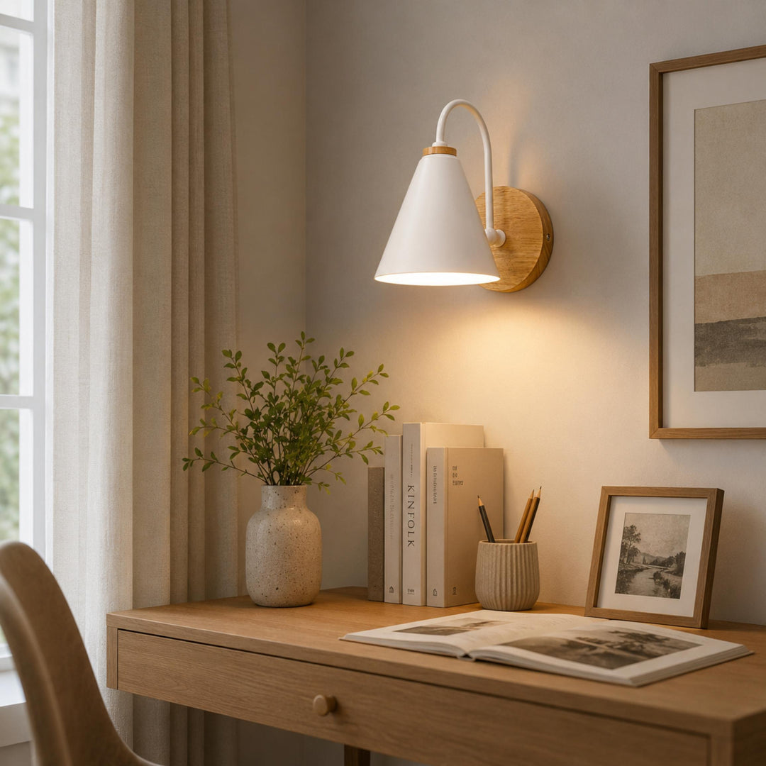 Nordic Wall Light Wall Mounted Iron Shade with Wooden Backplate Dimmable for Indoor Use