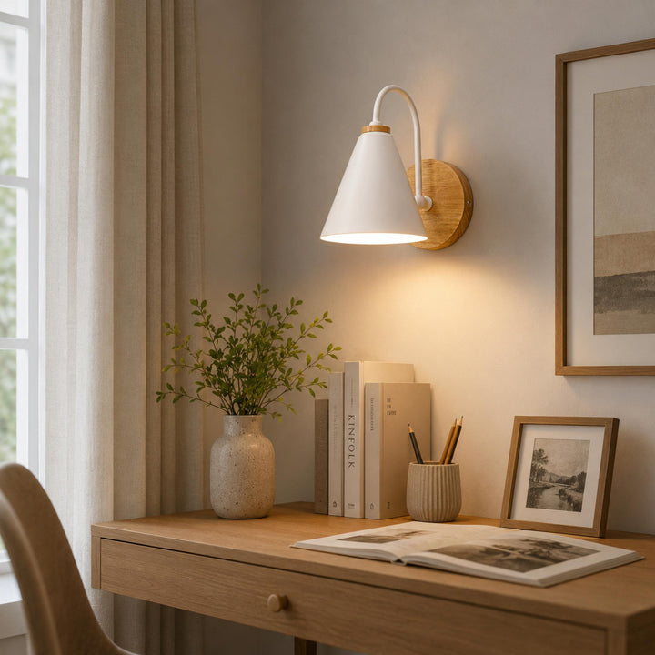 Nordic Wall Light Wall Mounted Iron Shade with Wooden Backplate Dimmable for Indoor Use