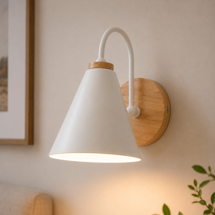 Nordic Wall Light Wall Mounted Iron Shade with Wooden Backplate Dimmable for Indoor Use