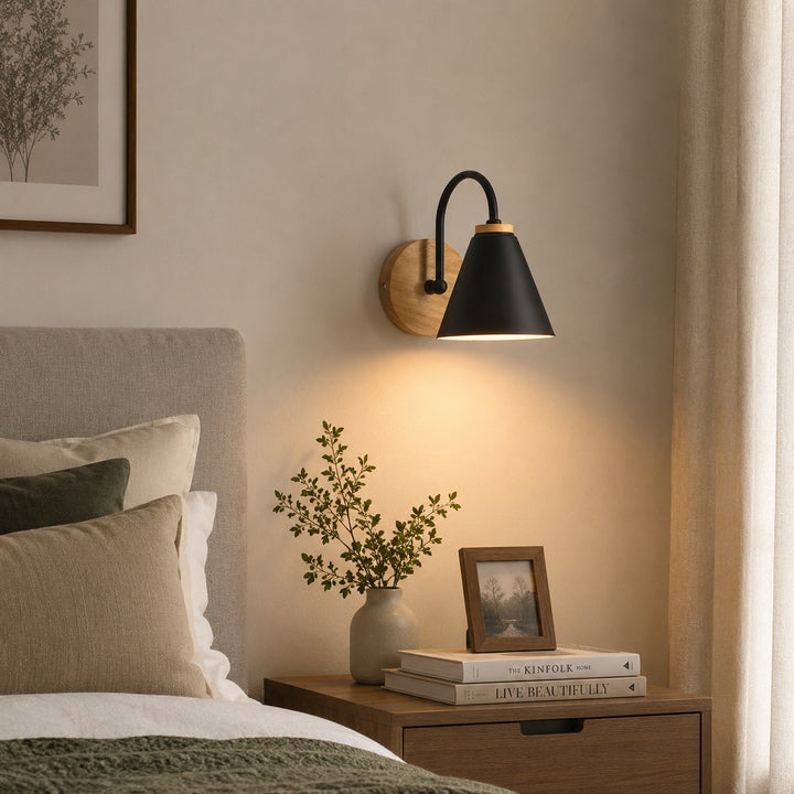 Nordic Wall Light Wall Mounted Iron Shade with Wooden Backplate Dimmable for Indoor Use