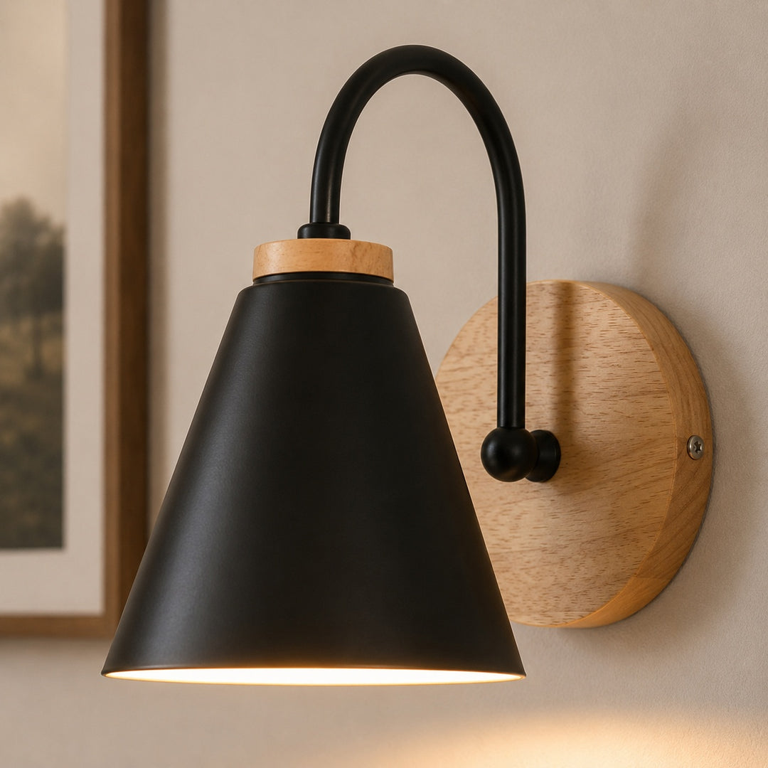 Nordic Wall Light Wall Mounted Iron Shade with Wooden Backplate Dimmable for Indoor Use