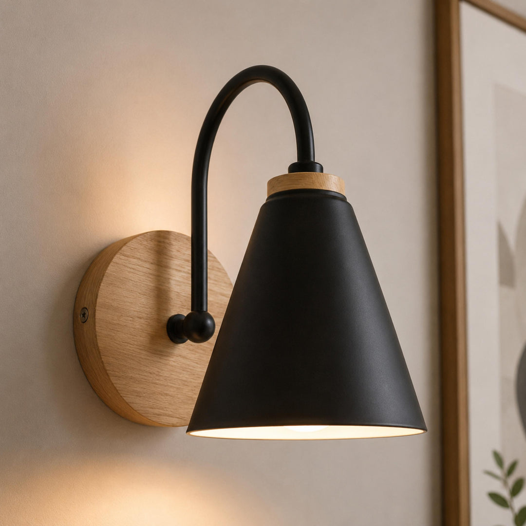 Nordic Wall Light Wall Mounted Iron Shade with Wooden Backplate Dimmable for Indoor Use