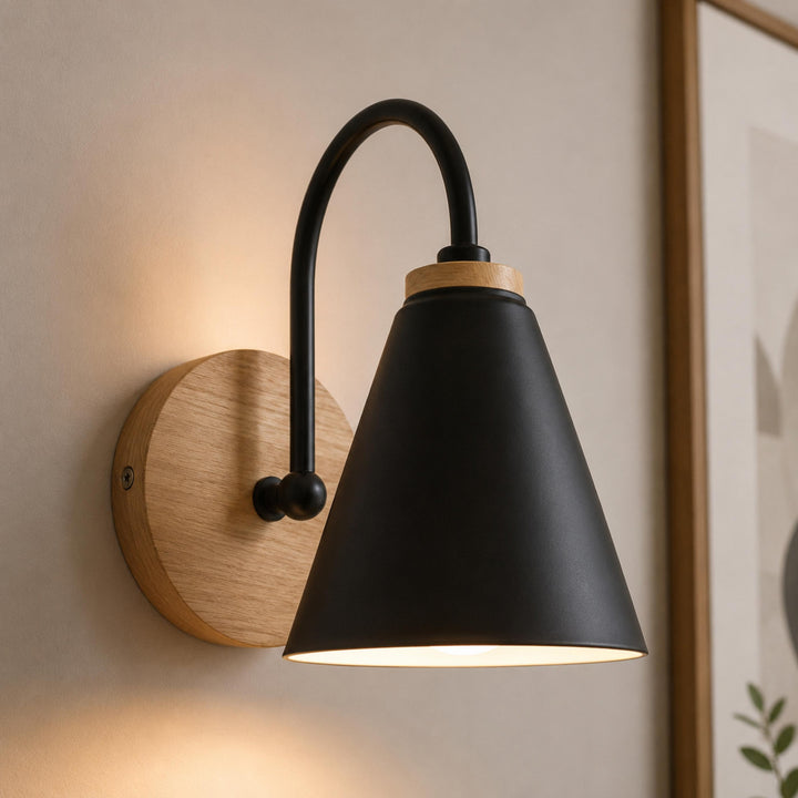Nordic Wall Light Wall Mounted Iron Shade with Wooden Backplate Dimmable for Indoor Use