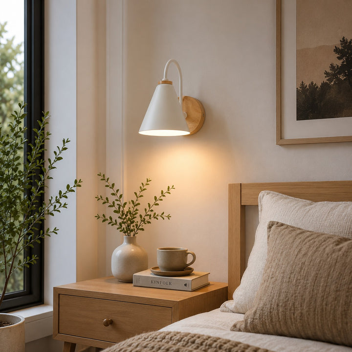 Nordic Wall Light Wall Mounted Iron Shade with Wooden Backplate Dimmable for Indoor Use