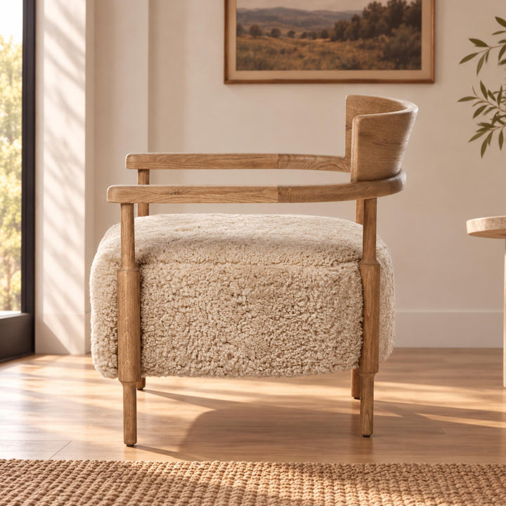 Modern Accent Chair Solid Oak Frame Thick Cushioned Seat Natural Shearling Upholstery