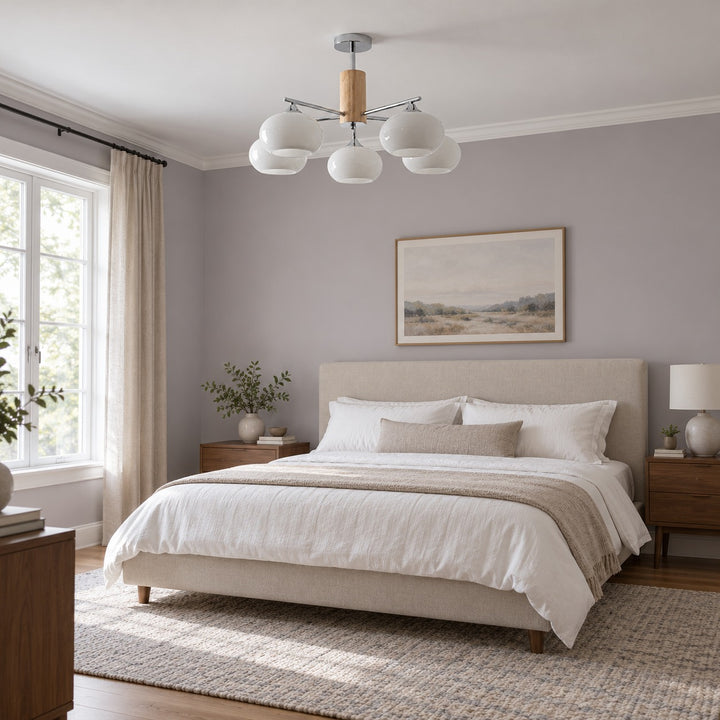 Midcentury Elliptical Chandelier Ceiling Light with Metal Frame and Glass Shade LED Compatible