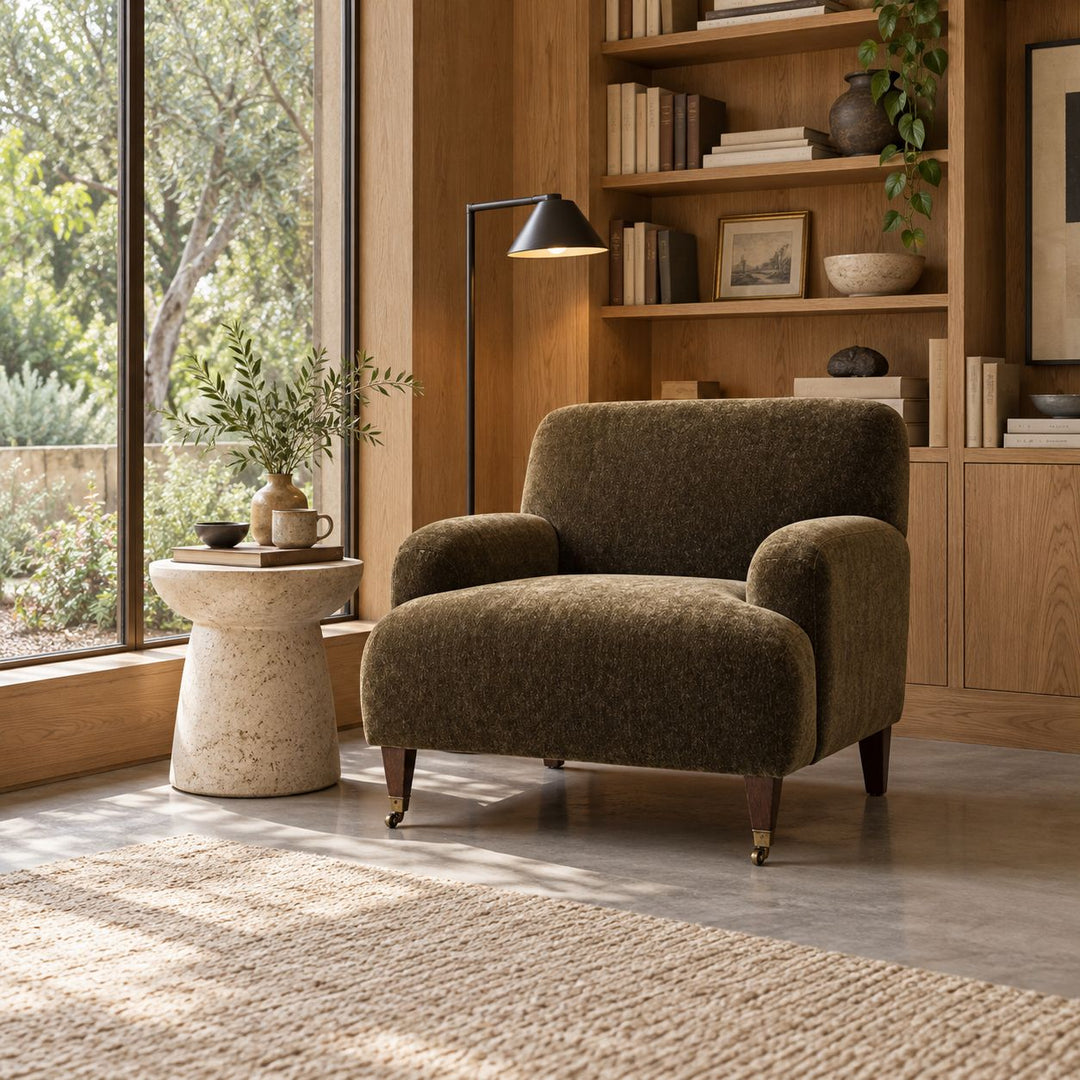 Modern Accent Chair with Upholstered Fabric and Brass Casters for Living Room Comfort