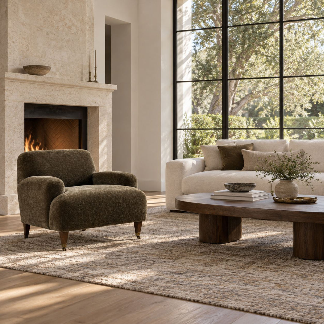 Modern Accent Chair with Upholstered Fabric and Brass Casters for Living Room Comfort