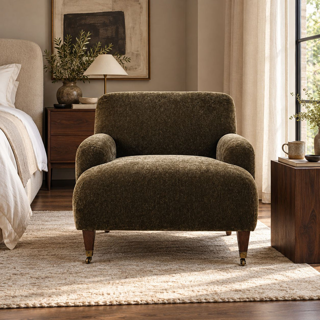 Modern Accent Chair with Upholstered Fabric and Brass Casters for Living Room Comfort