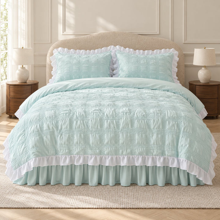 Kawaii Ruffle Bedding Set Soft Polyester Duvet Cover with Bed Skirt and Pillow Cases