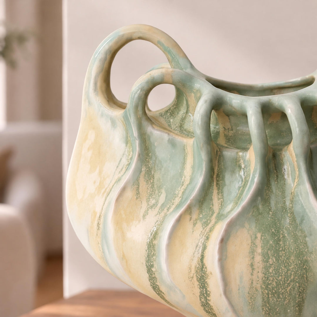 Modern Sculptural Ceramic Vase Multi-Handle Design Hand-Painted Green and Sand 33 cm Decorative Centerpiece