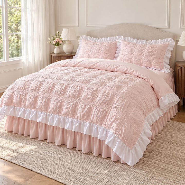 Kawaii Ruffle Bedding Set Soft Polyester Duvet Cover with Bed Skirt and Pillow Cases