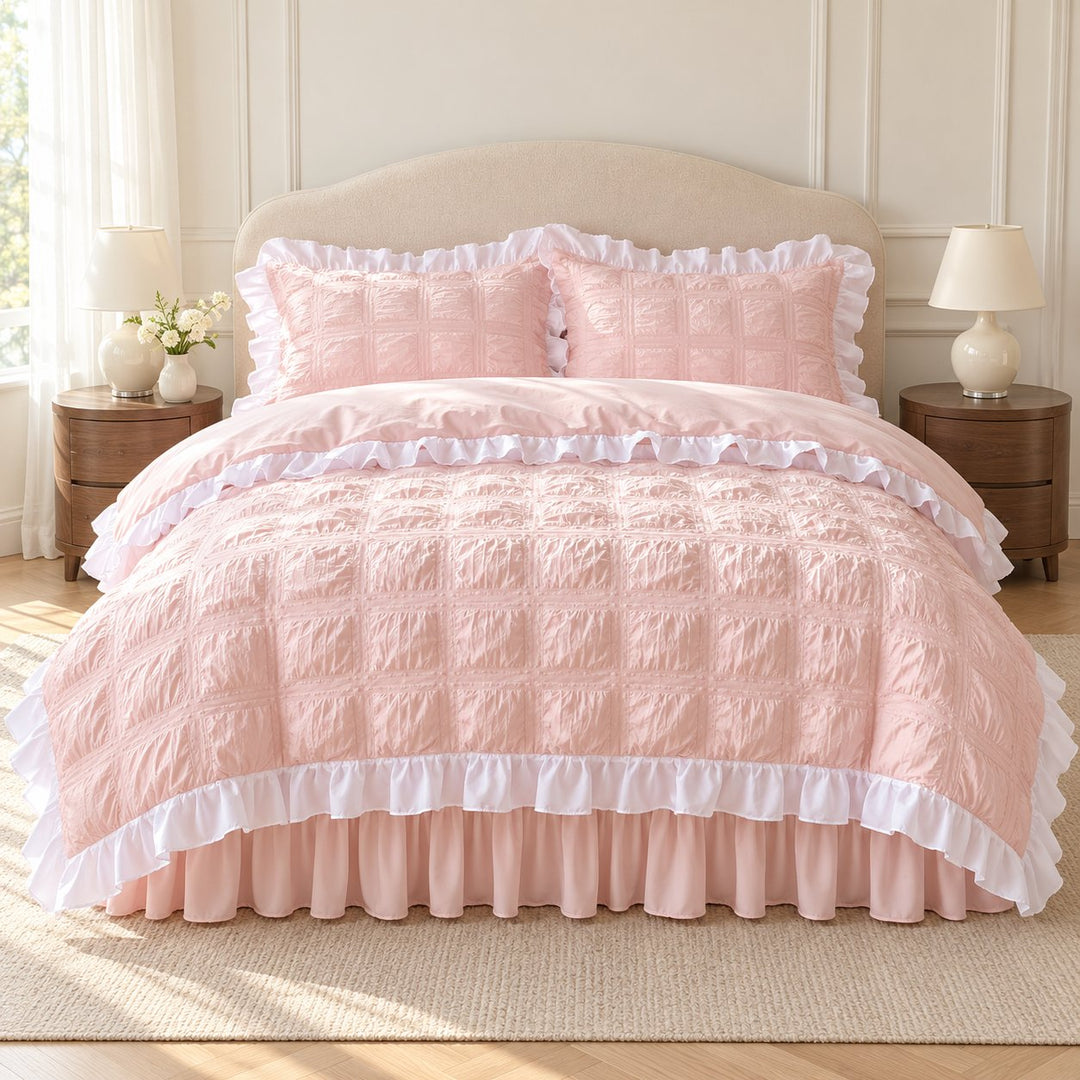 Kawaii Ruffle Bedding Set Soft Polyester Duvet Cover with Bed Skirt and Pillow Cases