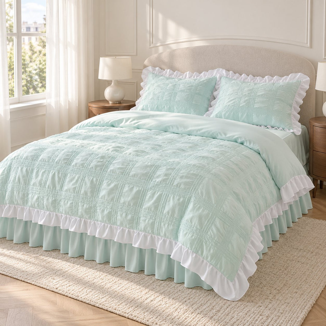 Kawaii Ruffle Bedding Set Soft Polyester Duvet Cover with Bed Skirt and Pillow Cases