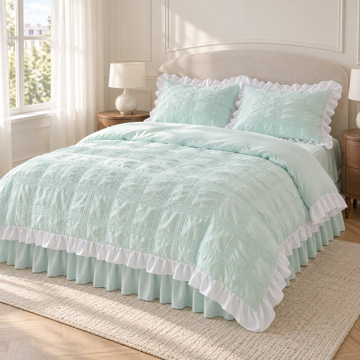 Kawaii Ruffle Bedding Set Soft Polyester Duvet Cover with Bed Skirt and Pillow Cases