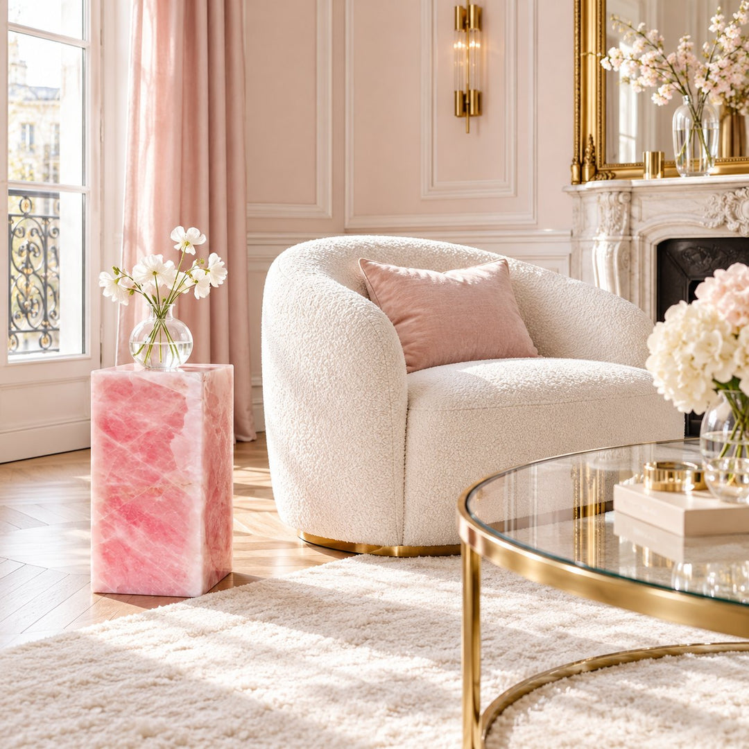 Modern Geometric Rose Quartz Marble Side Table Sculptural Accent for Living Room