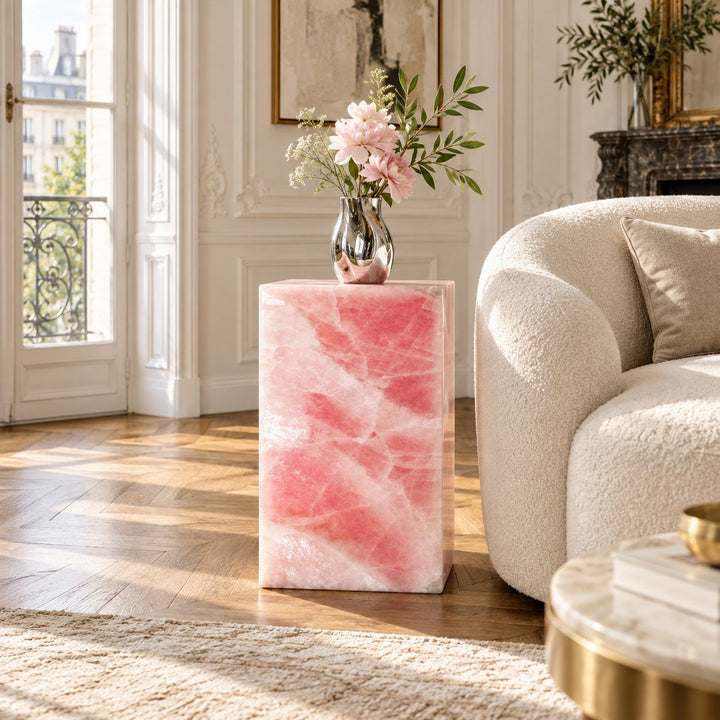 Modern Geometric Rose Quartz Marble Side Table Sculptural Accent for Living Room