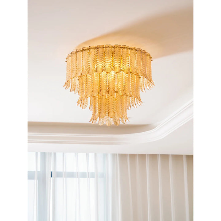 Art Deco Amber Glass Feather Ceiling Light – Brass Flush Mount Chandelier