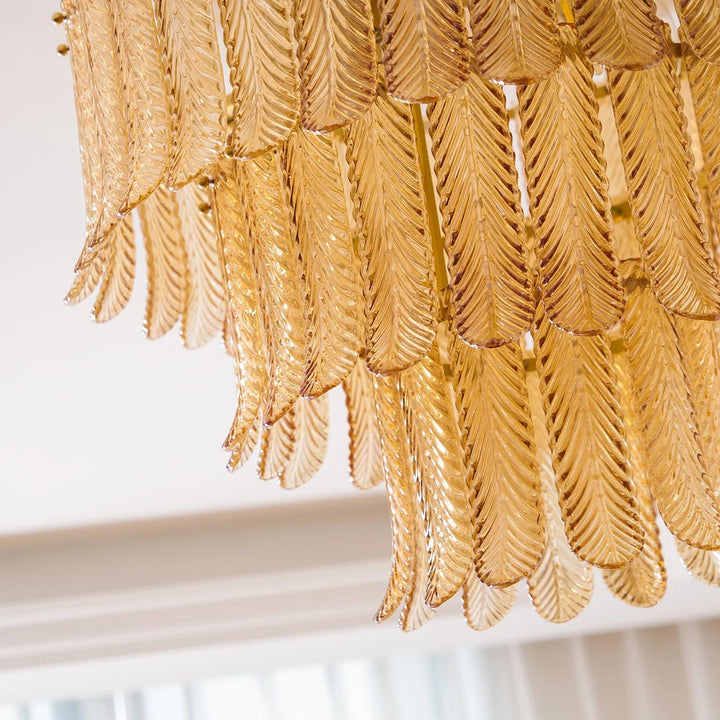 Art Deco Amber Glass Feather Ceiling Light – Brass Flush Mount Chandelier