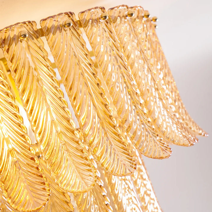 Art Deco Amber Glass Feather Ceiling Light – Brass Flush Mount Chandelier