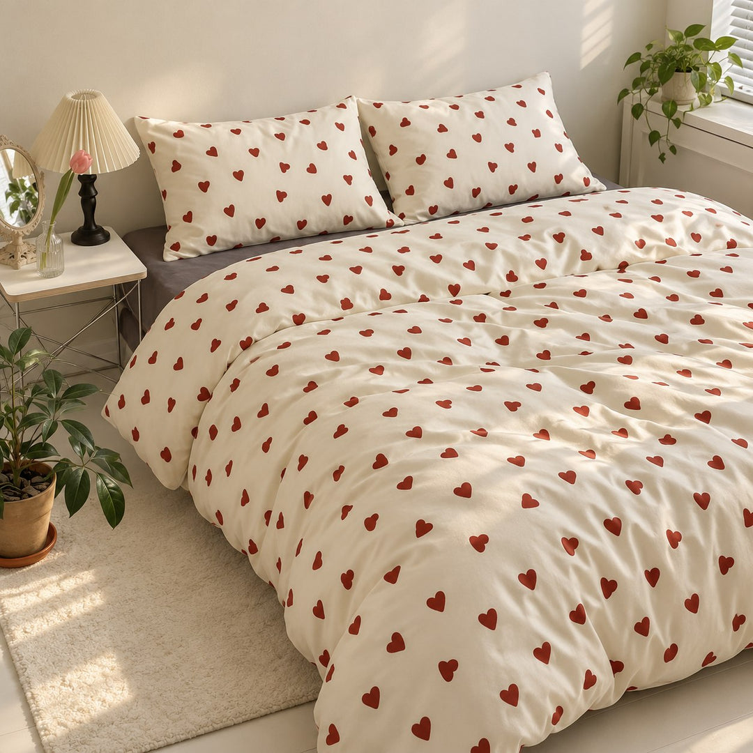 Vintage Aesthetic Bedding Set with Red Hearts Print Duvet Cover and Flat Sheet Polyester Material