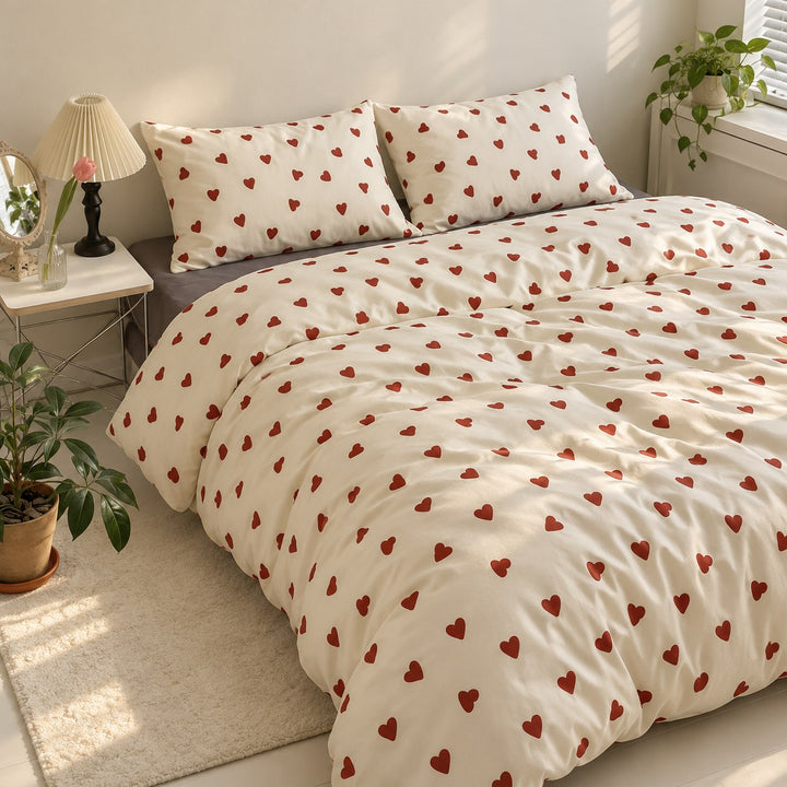 Vintage Aesthetic Bedding Set with Red Hearts Print Duvet Cover and Flat Sheet Polyester Material