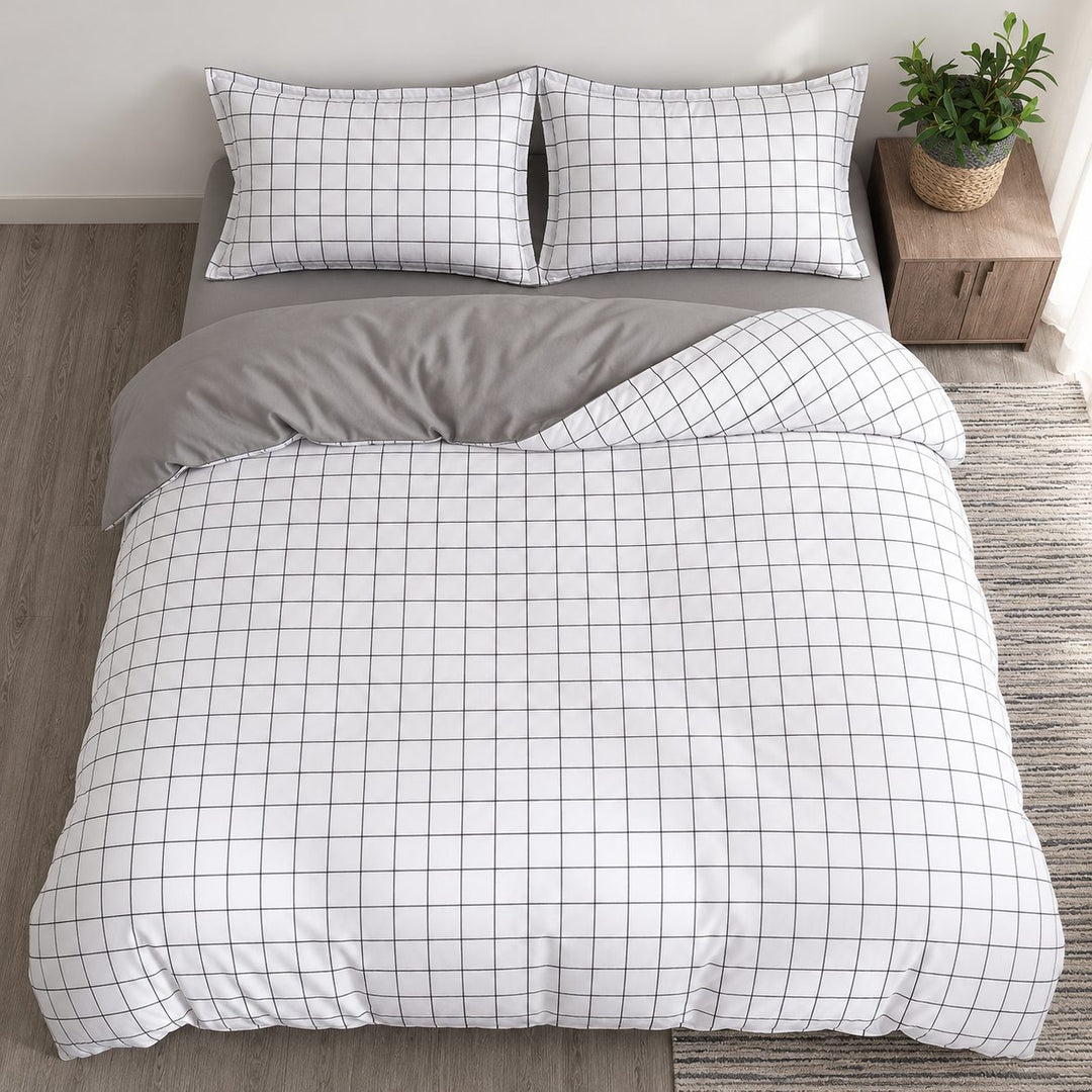 Modern Plain Grid Bedding Set Duvet Cover Flat Sheet Pillow Cases Polyester Fabric