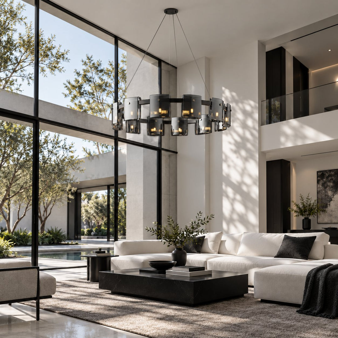 Modern Chandelier Ceiling Light Adjustable Height Metal and Glass LED Indoor Fixture