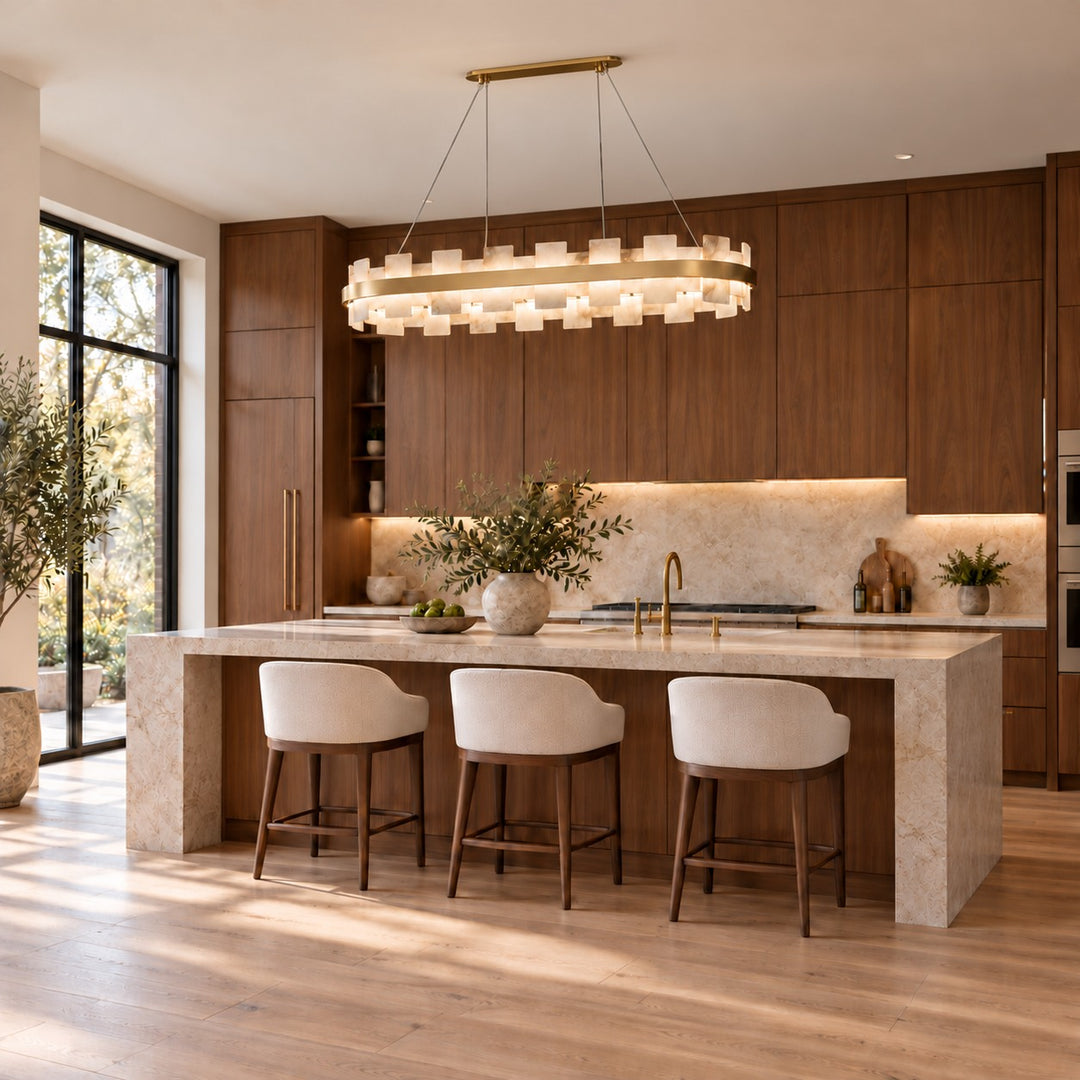 Modern Chandelier Hanging Light with Metal Frame and White Alabaster Panels Integrated LED