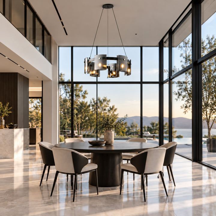 Modern Chandelier Ceiling Light Adjustable Height Metal and Glass LED Indoor Fixture