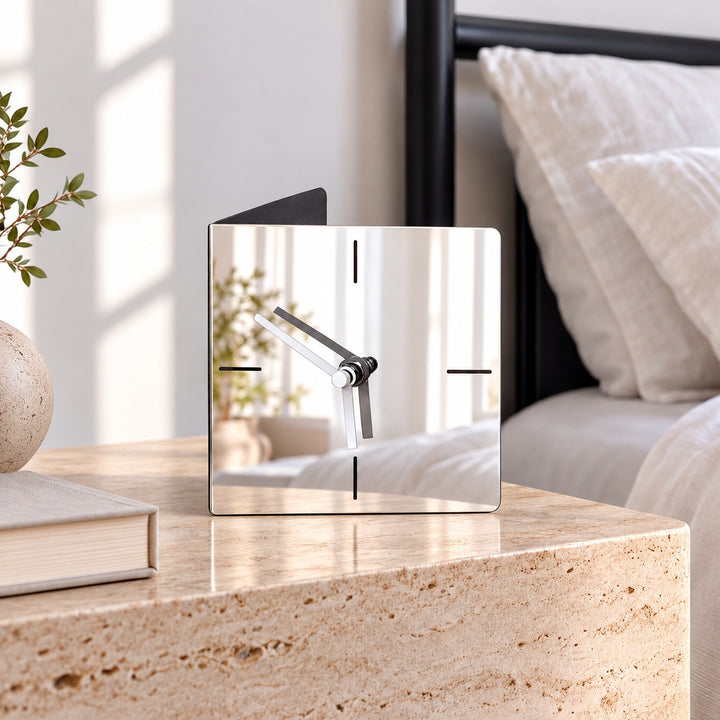 Modern Square Desk Clock Stainless Steel Analog Quartz Movement Minimalist Design 13cm 18cm