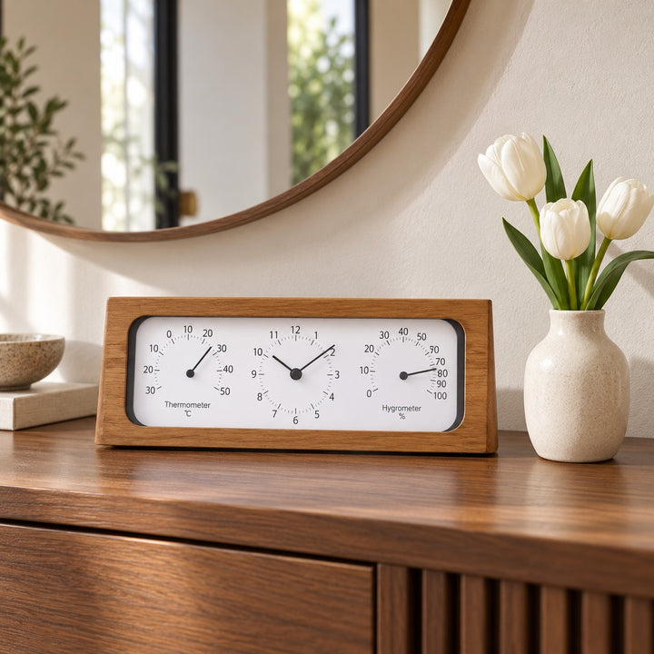 Minimalist Wooden Desk Clock with Temperature and Humidity Meter Battery Operated Bamboo