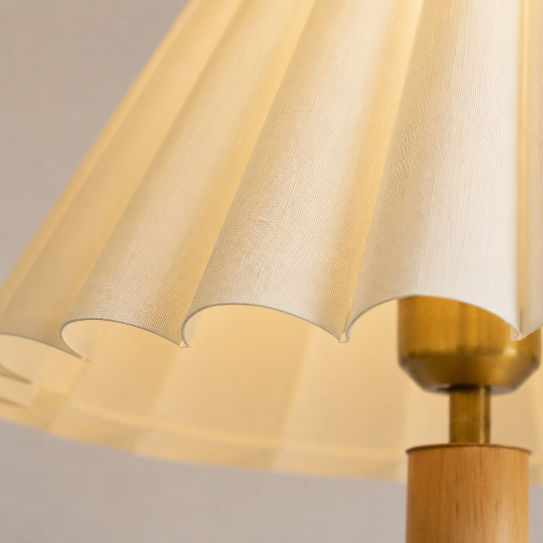 Retro Table Lamp with Cylindrical Wood Base and Pleated Fabric Shade for Bedroom or Desk Use