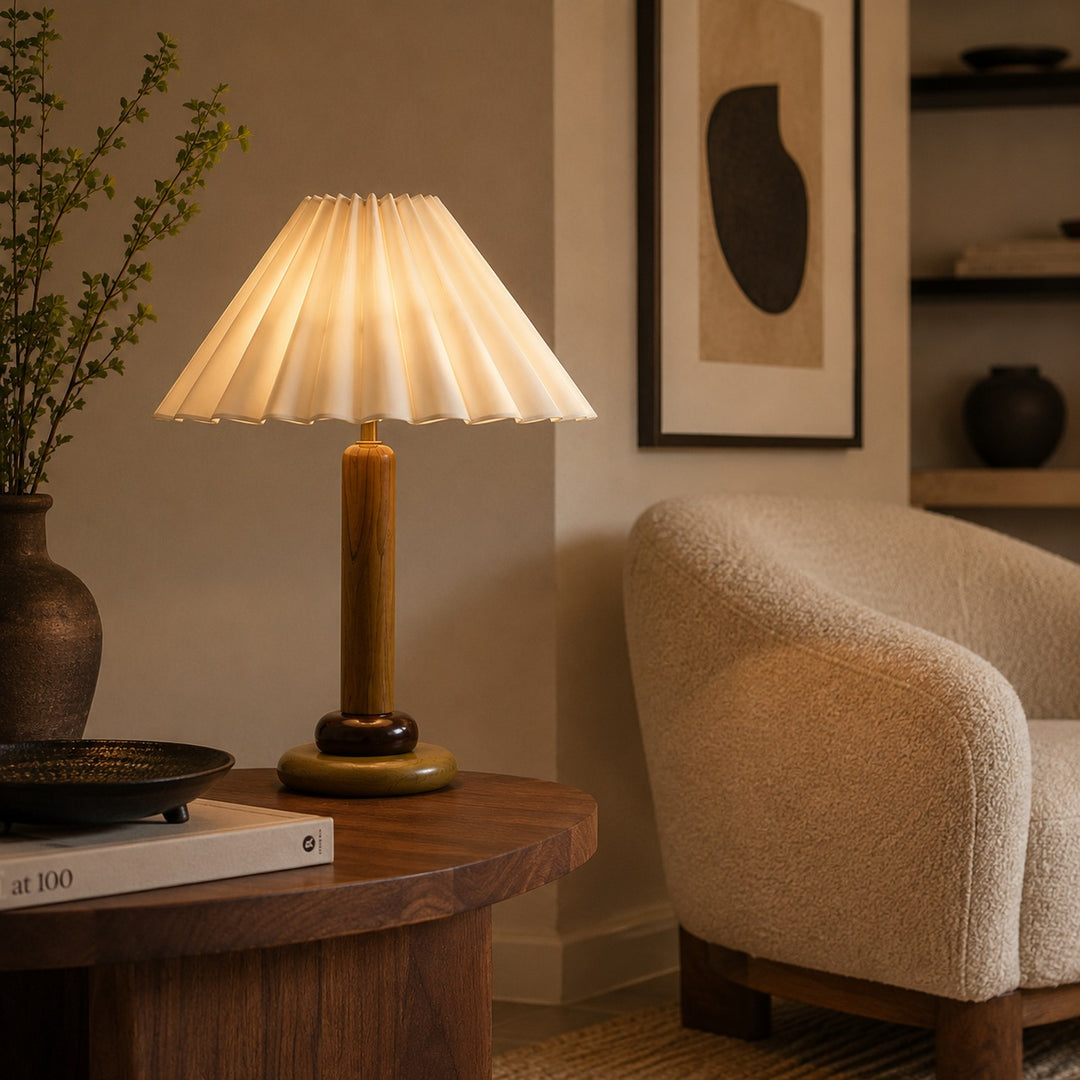 Retro Table Lamp with Cylindrical Wood Base and Pleated Fabric Shade for Bedroom or Desk Use