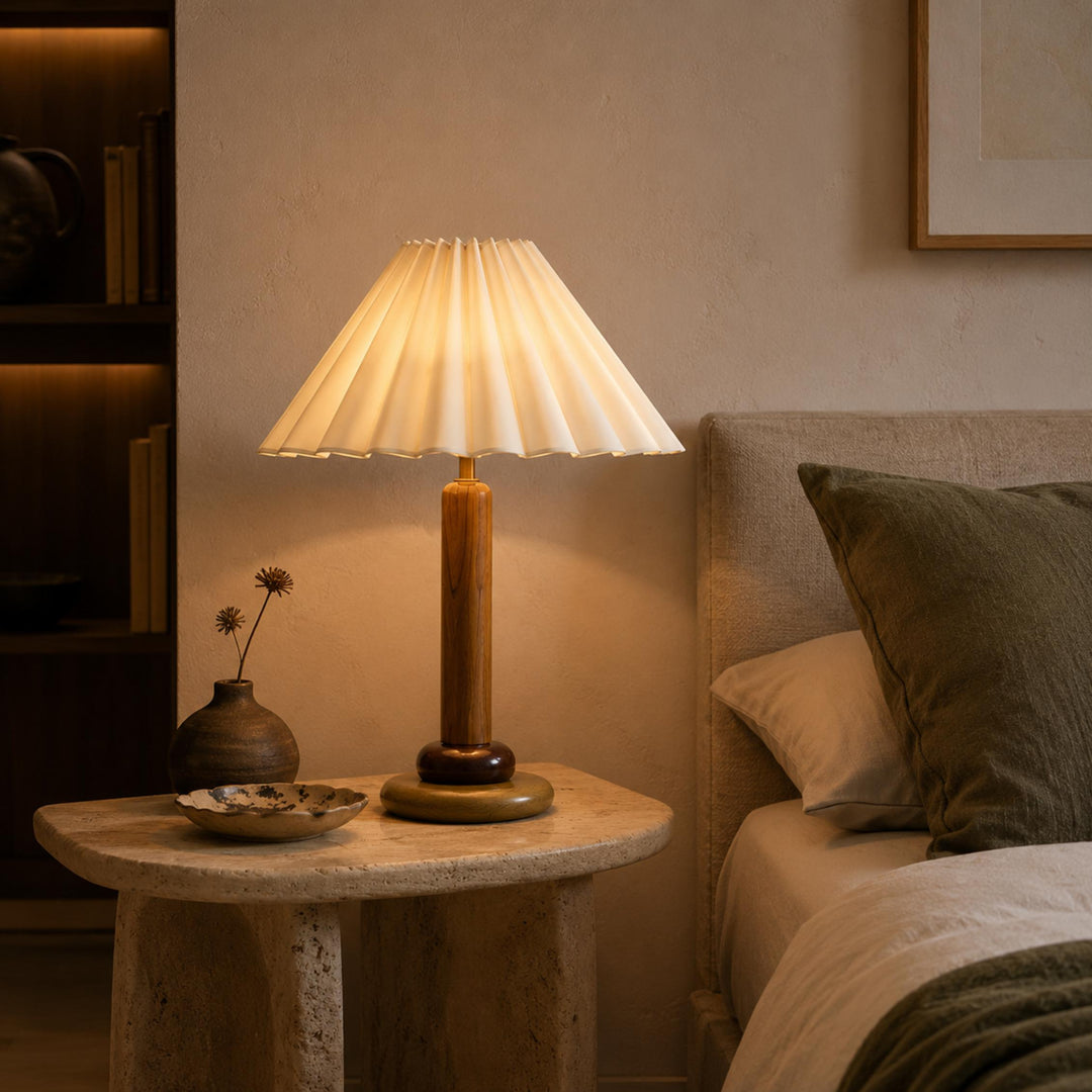 Retro Table Lamp with Cylindrical Wood Base and Pleated Fabric Shade for Bedroom or Desk Use