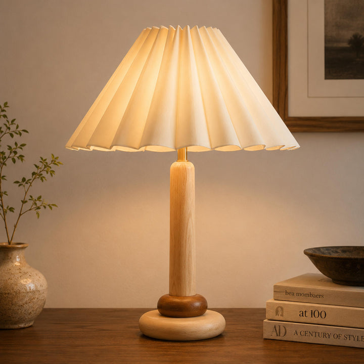 Retro Table Lamp with Cylindrical Wood Base and Pleated Fabric Shade for Bedroom or Desk Use