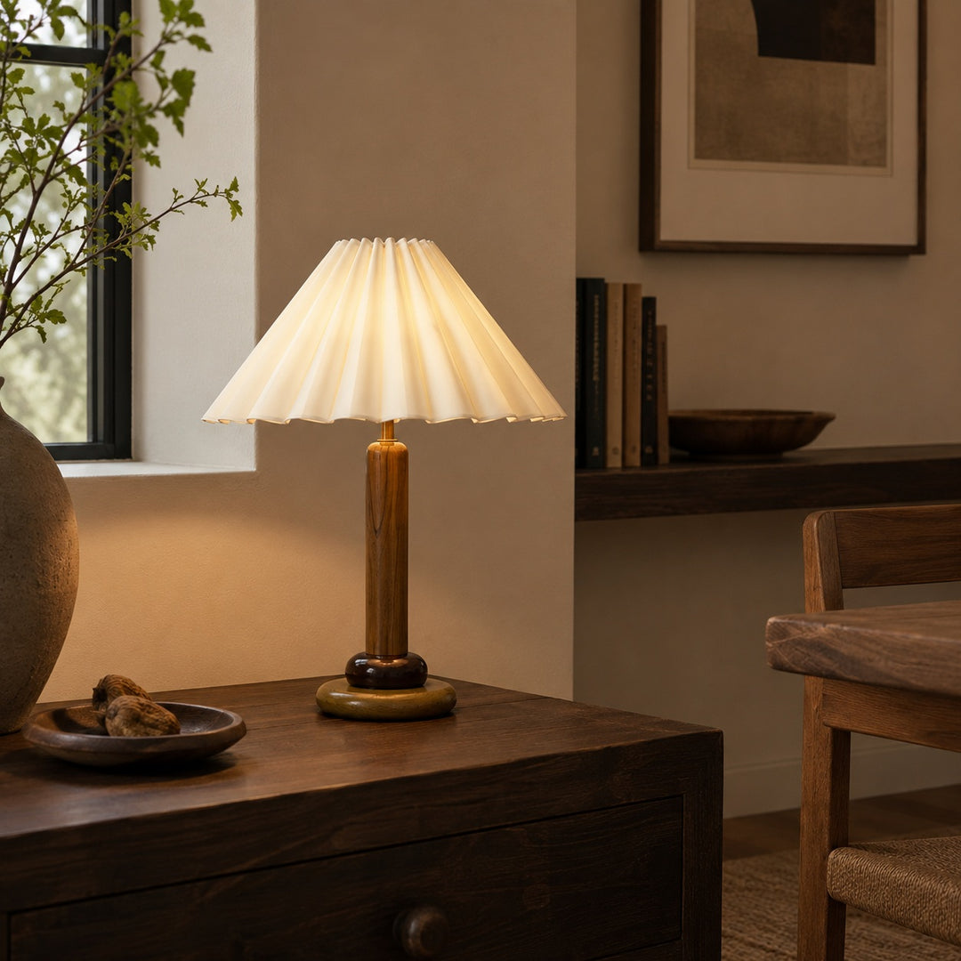 Retro Table Lamp with Cylindrical Wood Base and Pleated Fabric Shade for Bedroom or Desk Use