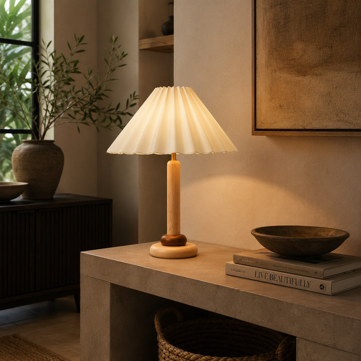 Retro Table Lamp with Cylindrical Wood Base and Pleated Fabric Shade for Bedroom or Desk Use