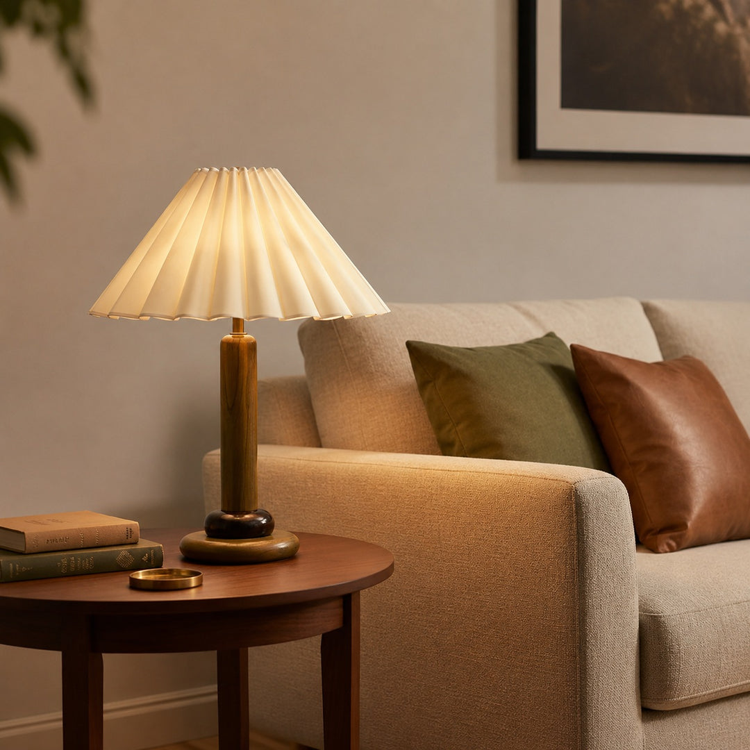 Retro Table Lamp with Cylindrical Wood Base and Pleated Fabric Shade for Bedroom or Desk Use