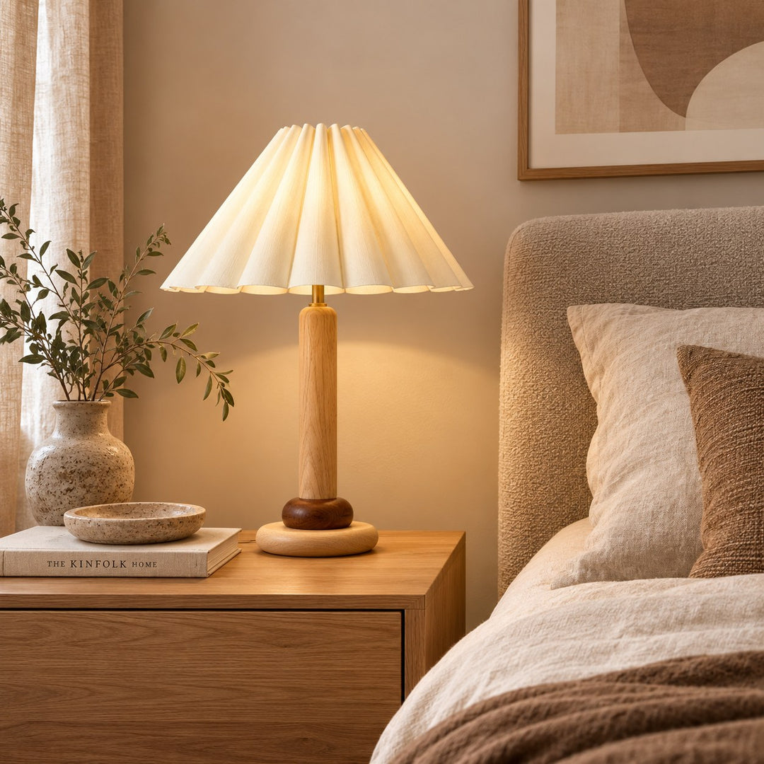 Retro Table Lamp with Cylindrical Wood Base and Pleated Fabric Shade for Bedroom or Desk Use