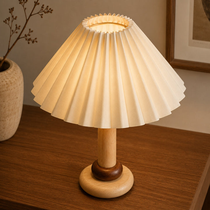 Retro Table Lamp with Cylindrical Wood Base and Pleated Fabric Shade for Bedroom or Desk Use