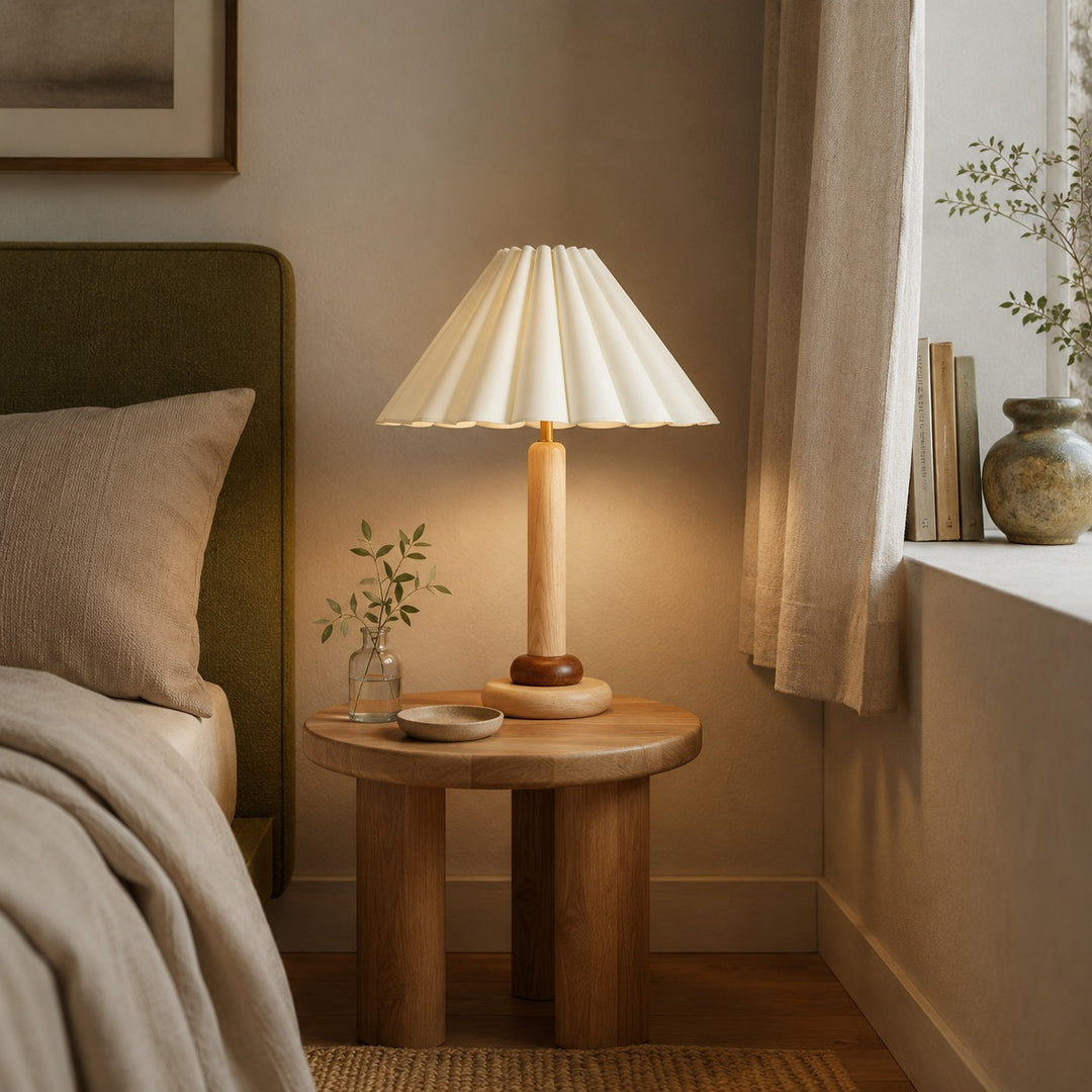 Retro Table Lamp with Cylindrical Wood Base and Pleated Fabric Shade for Bedroom or Desk Use