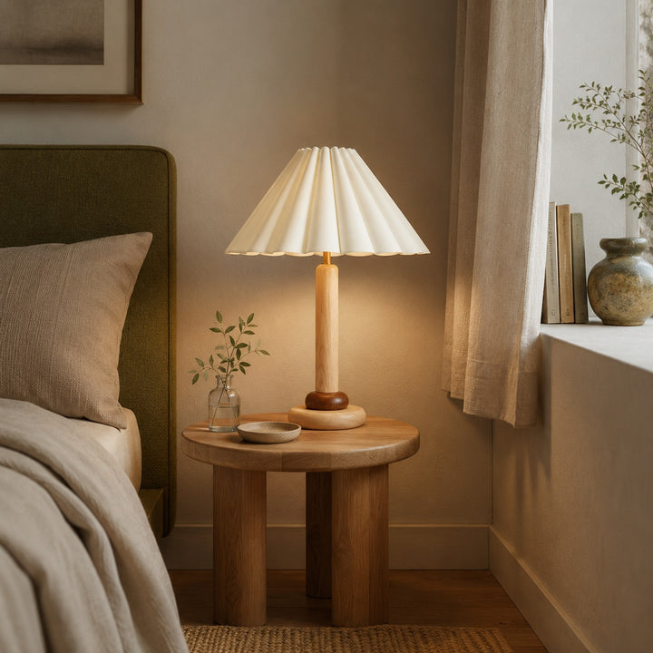 Retro Table Lamp with Cylindrical Wood Base and Pleated Fabric Shade for Bedroom or Desk Use