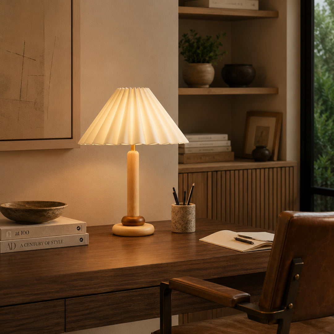 Retro Table Lamp with Cylindrical Wood Base and Pleated Fabric Shade for Bedroom or Desk Use