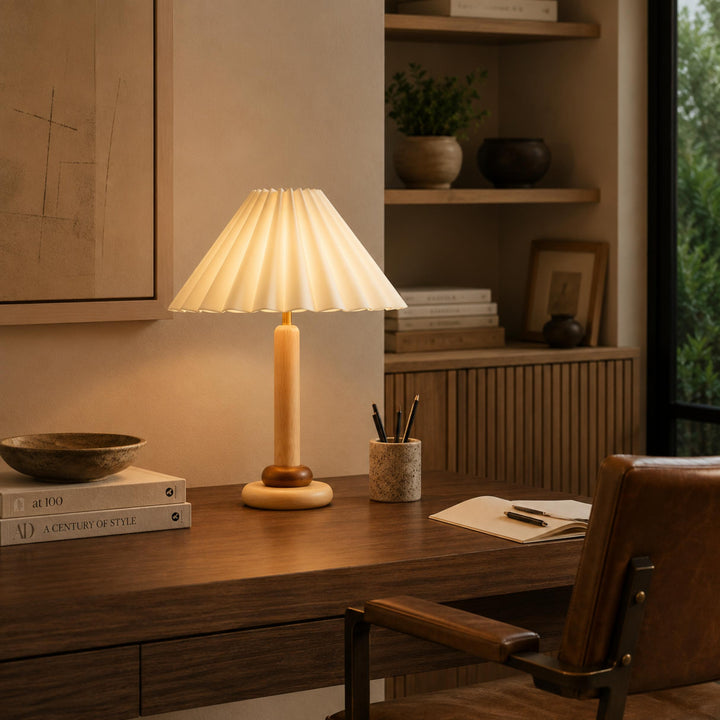 Retro Table Lamp with Cylindrical Wood Base and Pleated Fabric Shade for Bedroom or Desk Use